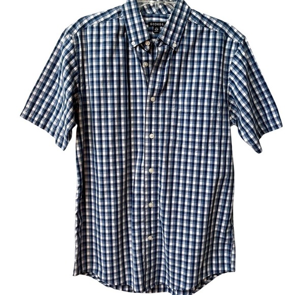 George Other - George Mens Short Sleeve Button Down Shirt Blue White Gingham Check Small 34-36